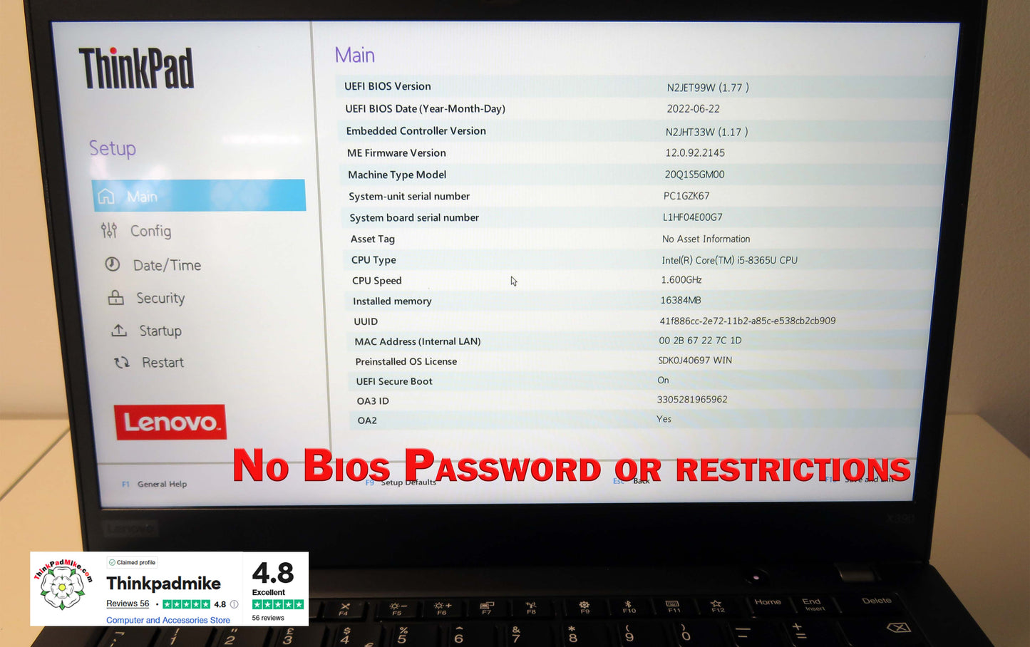 Lenovo ThinkPad x390 i5 1.6Ghz 8365U 16GB RAM 256GB SSD IPS TOUCH Screen B\L KB (827)