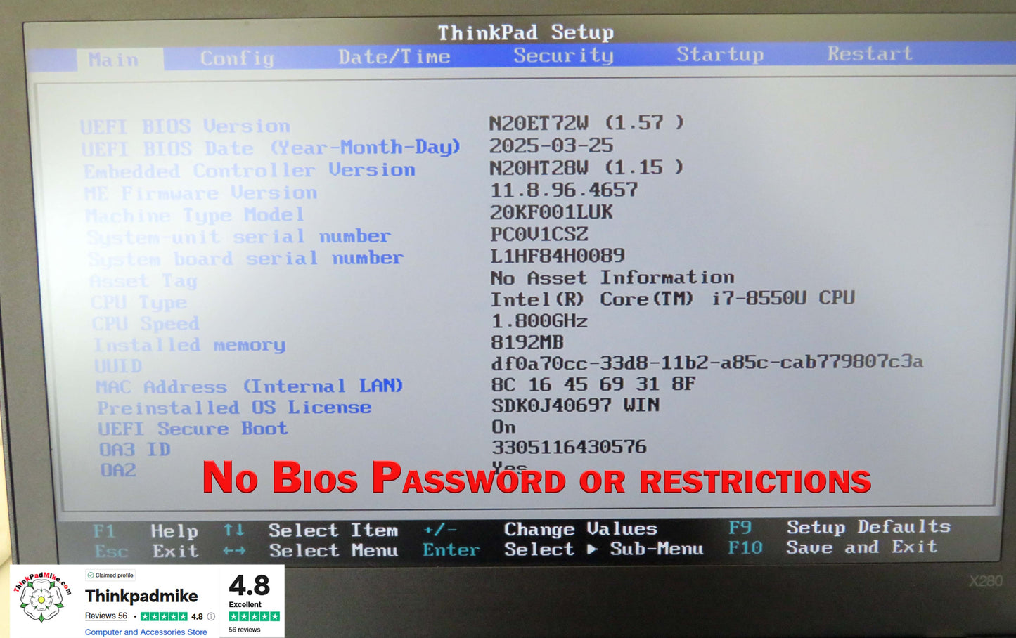 Lenovo ThinkPad x280 i7 8550U 1.8Ghz 8GB RAM 250GB SSD IPS Screen Backlit Keyboard WIN11 (846)