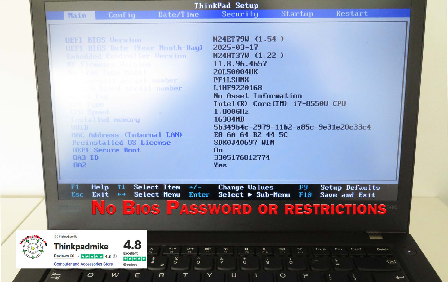 Lenovo ThinkPad T480 i7 8550U 16GB RAM 256GB SSD IPS SCREEN B\L KB (1173)