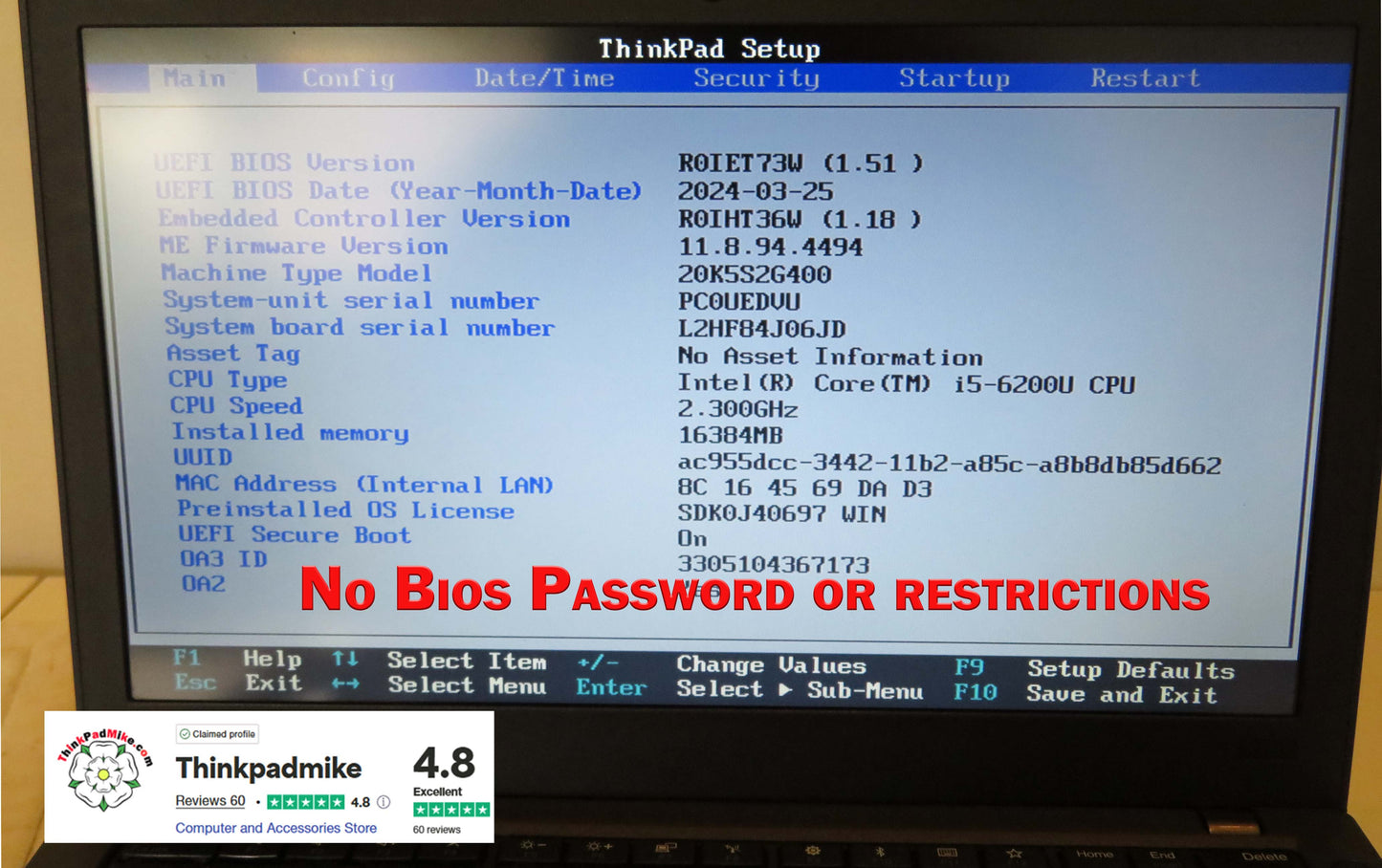 Lenovo ThinkPad x270 i5 6200U 2.3Ghz 16GB RAM 256GB SSD (1067)