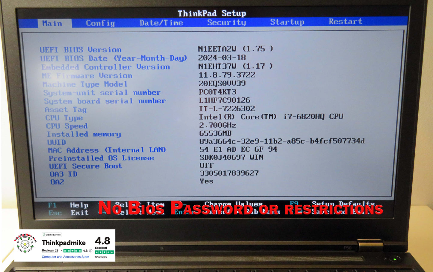 Lenovo ThinkPad P50 i7 6820HQ 64GB RAM 256GB+256GB SSDs IPS NVIDIA M1000M (1108)