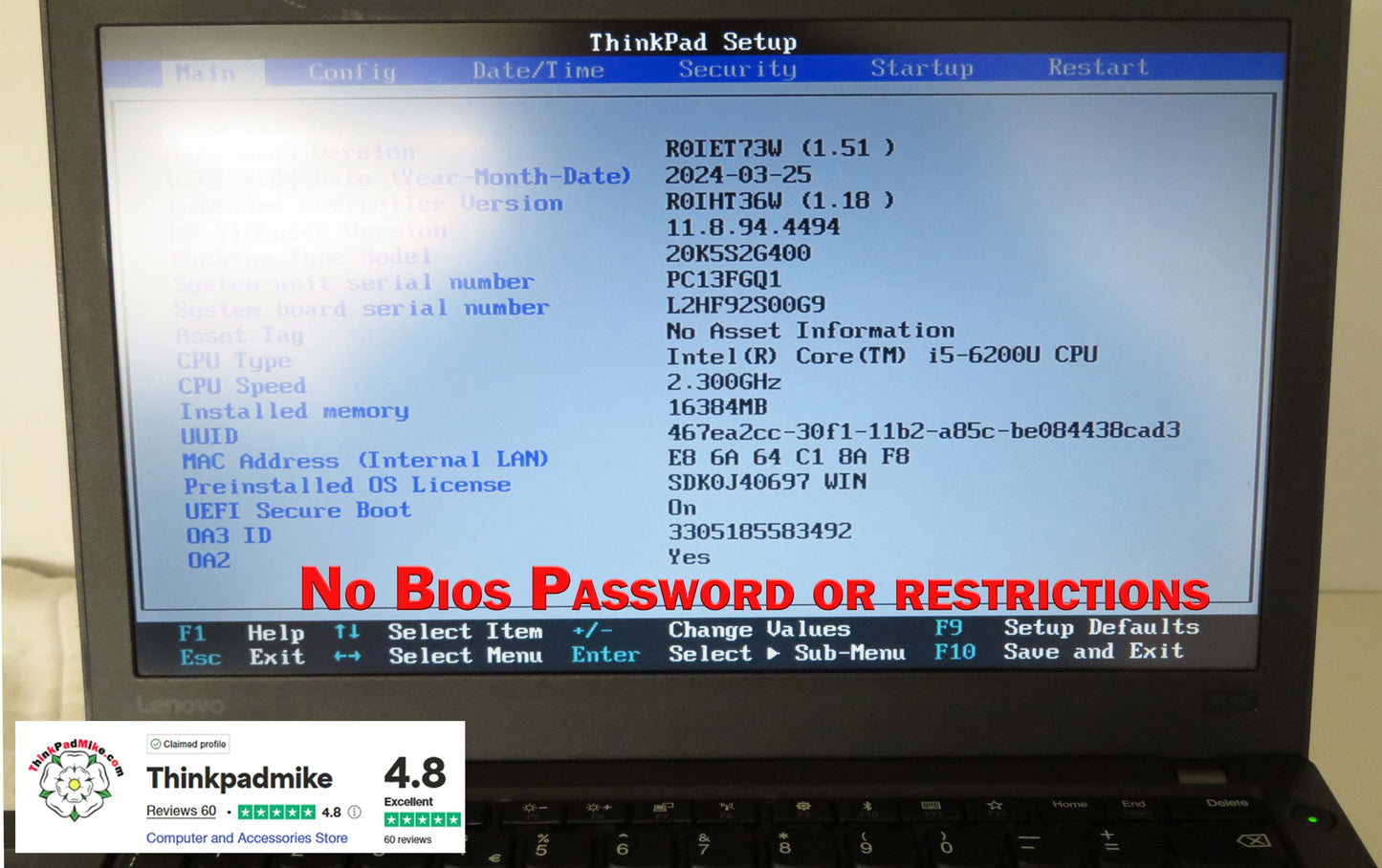 Lenovo ThinkPad x270 i5 6200U 2.3Ghz 16GB RAM 256GB SSD (1068)