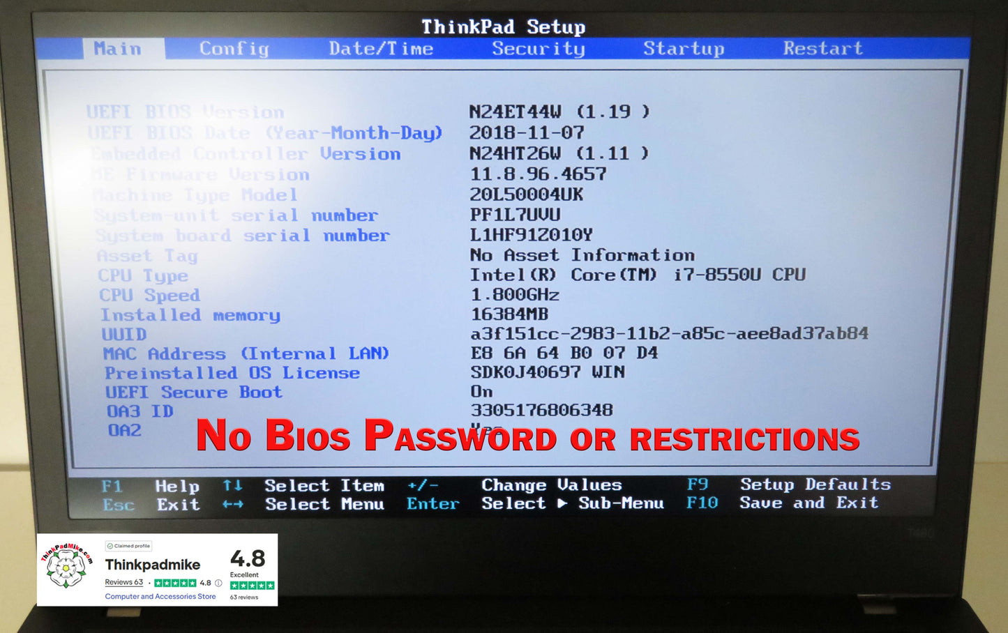 Lenovo ThinkPad T480 i7 8550U 16GB RAM 256GB SSD IPS SCREEN (1196)