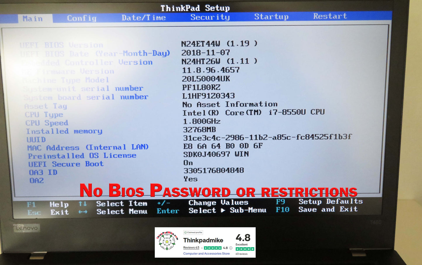 Lenovo ThinkPad T480 i7 8550U 32GB RAM 256GB SSD IPS SCREEN B\L KB (1194)