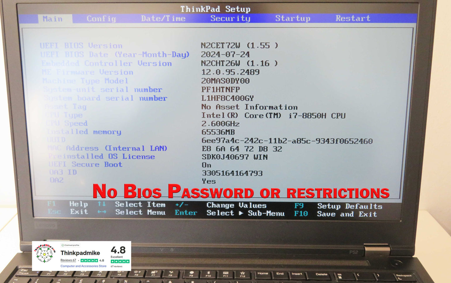 Lenovo ThinkPad P52 i7 *HEX CORE* 8850H 2.6Ghz 64GB RAM 512GB + 128GB IPS B\L KB NVIDIA P2000 WIN11 (1041)