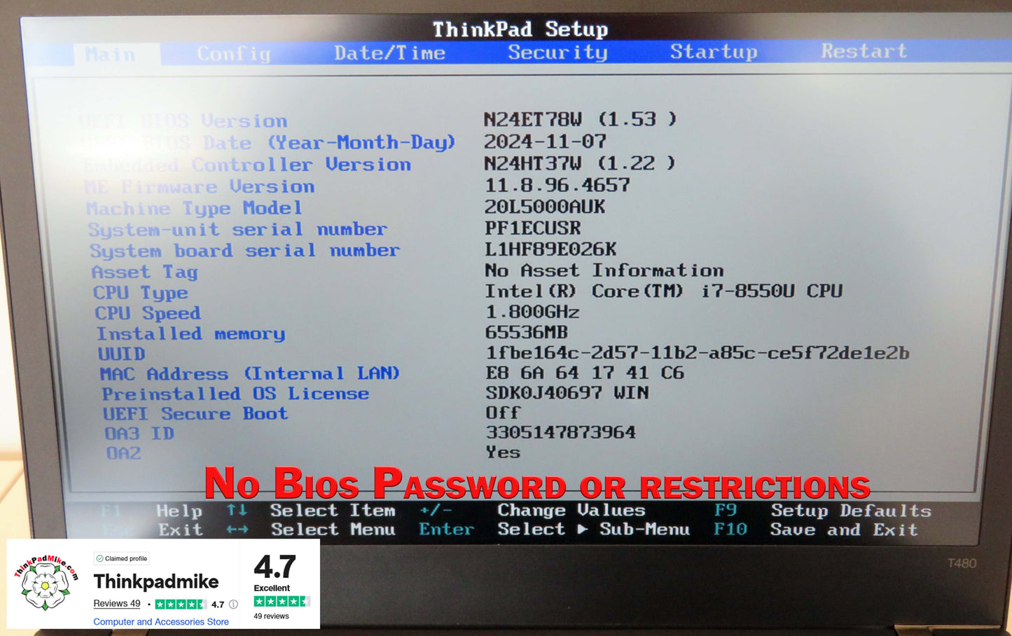 Lenovo ThinkPad T480 i7 8550U 64GB RAM 256GB+256GB SSDs IPS FHD SCREEN B\L KB (1121)