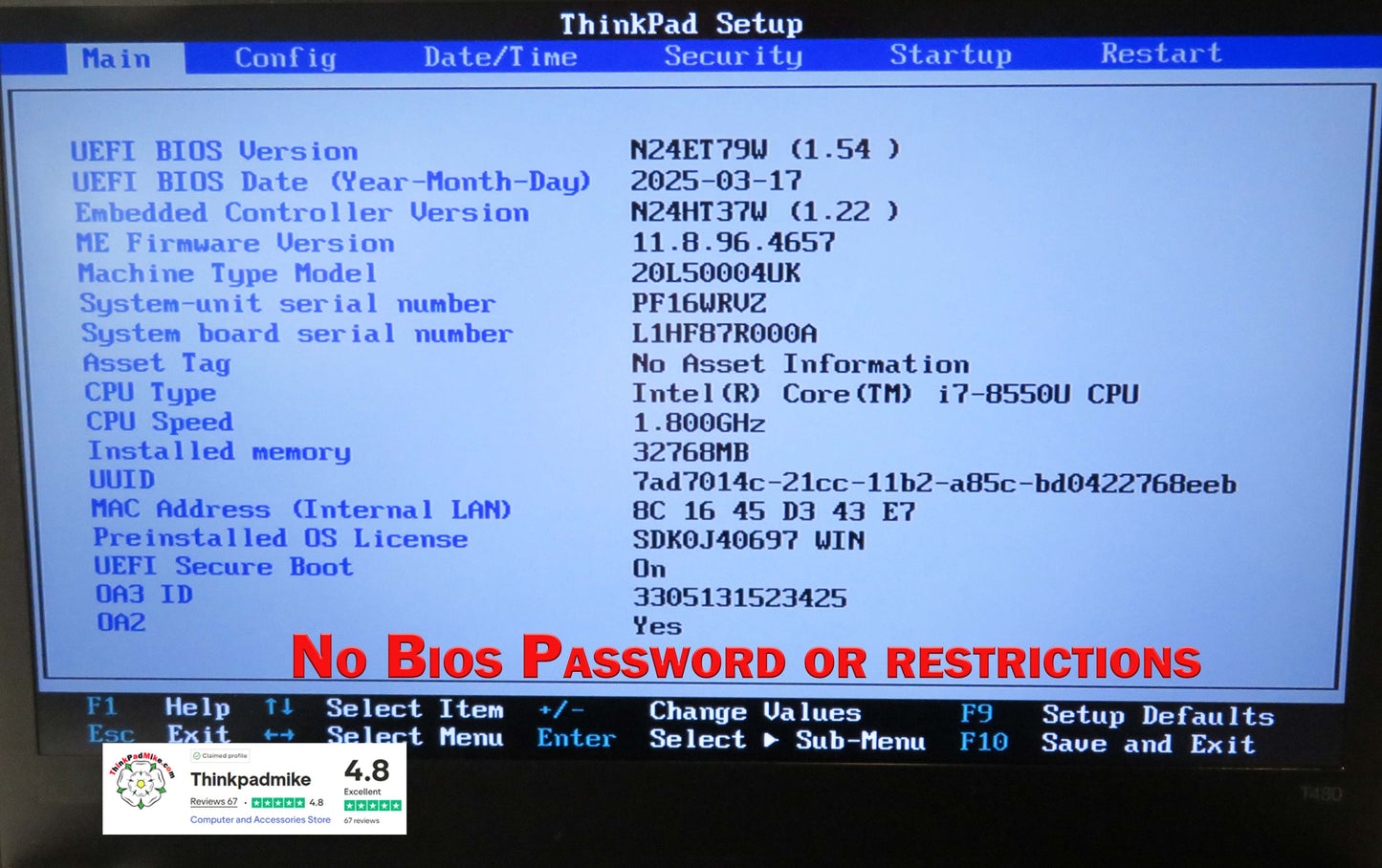 Lenovo ThinkPad T480 i7 8550U 32GB RAM 512GB SSD IPS SCREEN (1219)