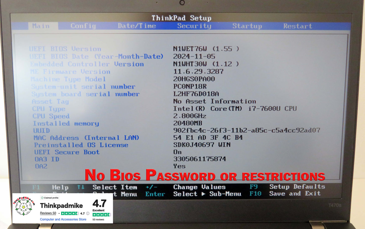 Lenovo ThinkPad T470s i7 7600U 2.8Ghz 20GB RAM 256GB SSD IPS Touch Screen B\LKB (1130)