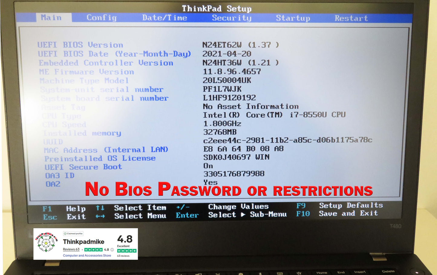 Lenovo ThinkPad T480 i7 8550U 32GB RAM 2 x 256GB SSDs IPS SCREEN B\L KB (1195)