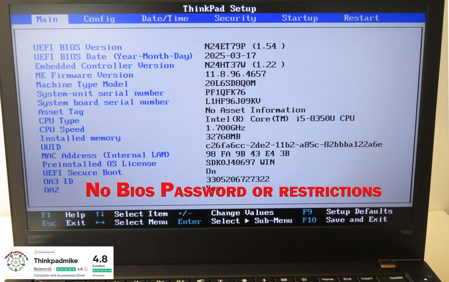 Lenovo ThinkPad T480 i5 8350U 32GB RAM 256GB SSD IPS SCREEN WIN11 (1190)