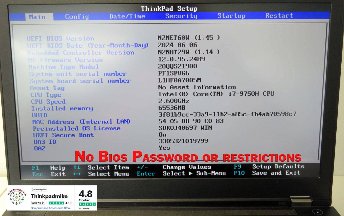 Lenovo ThinkPad P53 i7 *HEX CORE* 9750H 2.6Ghz 64GB RAM 512GB IPS B\L KB NVIDIA T2000 (1140)