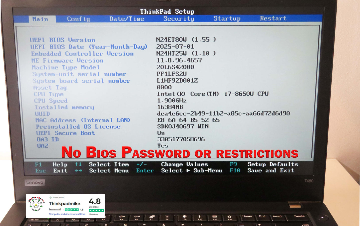 Lenovo ThinkPad T480 i7 8650U 16GB RAM 512GB SSD FHD SCREEN (1218)