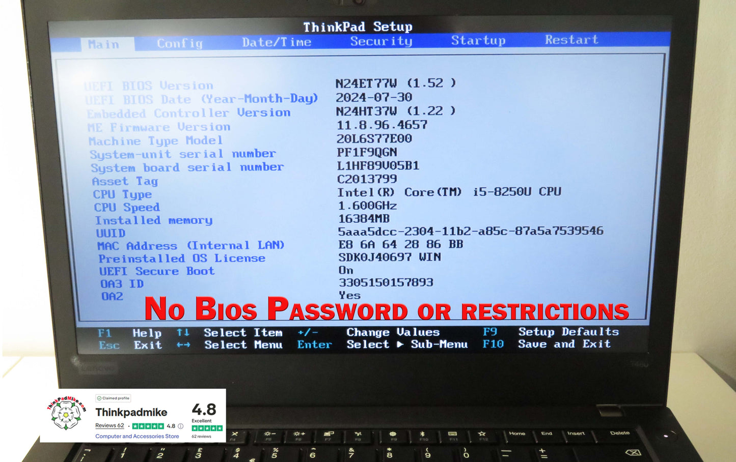 Lenovo ThinkPad T480 i5 8250U 16GB RAM 256GB SSD IPS SCREEN WIN11 (1191)