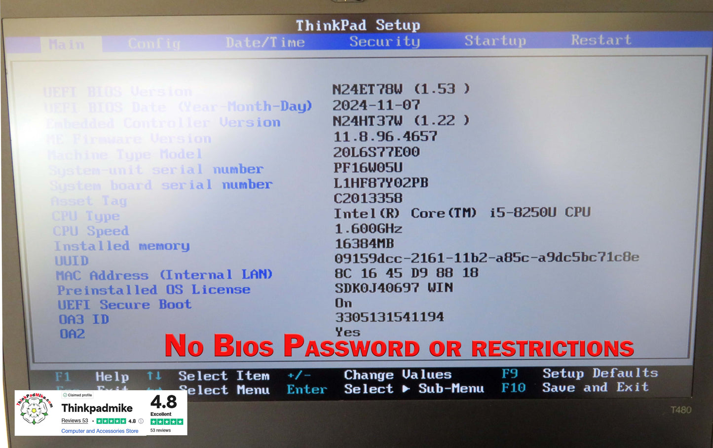 Lenovo ThinkPad T480 i5 8250U 16GB RAM 256GB SSD IPS SCREEN WIN11 (1139)