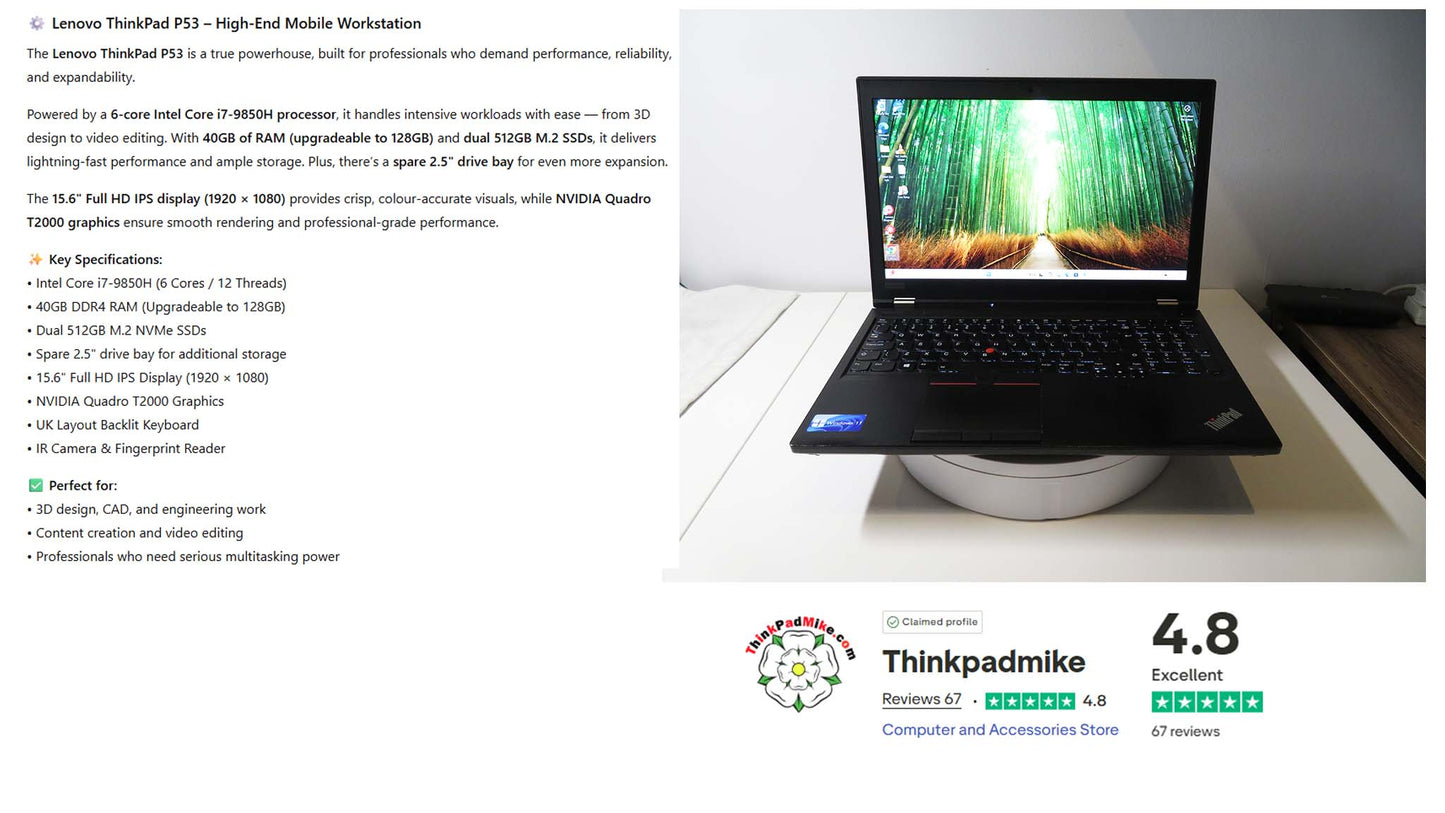 Lenovo ThinkPad P53 i7 *HEX CORE* 9850H 2.6Ghz 40GB RAM 512GB + 512GB IPS B\L KB NVIDIA T2000 (1220)
