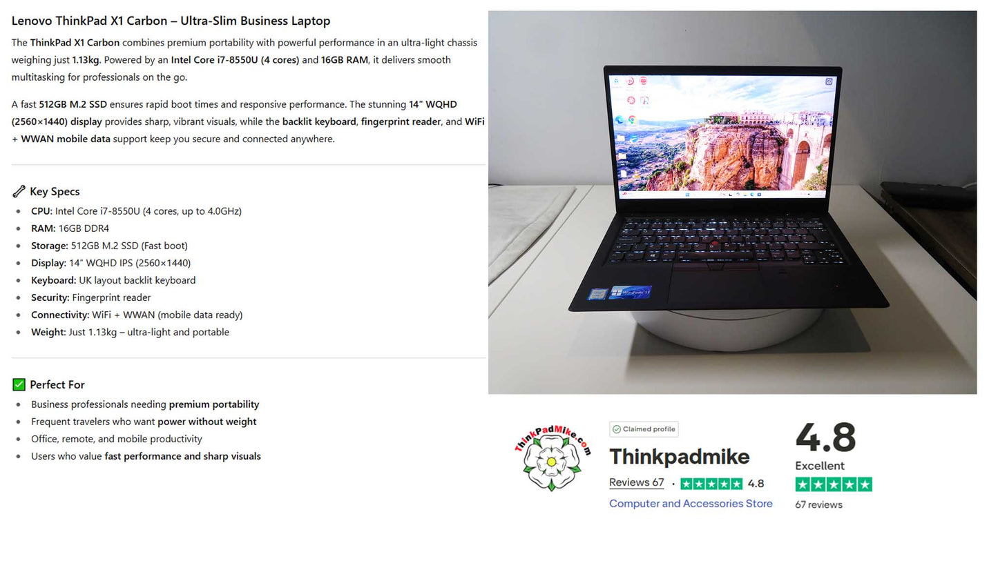 Lenovo ThinkPad x1 Carbon 6th Gen i7 8550U 1.8Ghz 16GB RAM 512GB SSD IPS WQHD Screen B\LKB (1203)