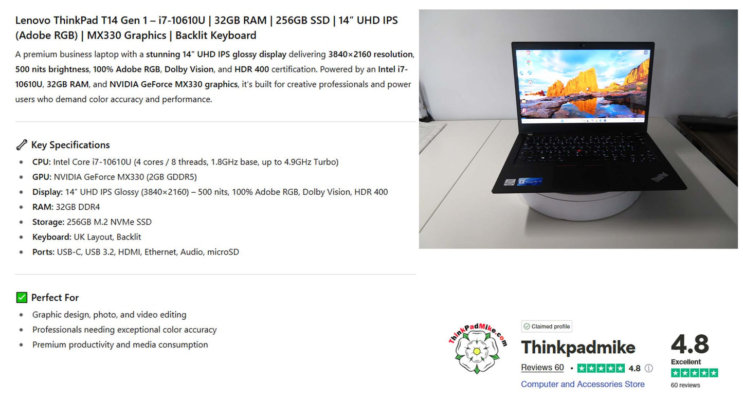 Lenovo ThinkPad T14 i7 10610U 32GB RAM 256GB SSD IPS UHD SCREEN NVIDIA MX330 (1188)