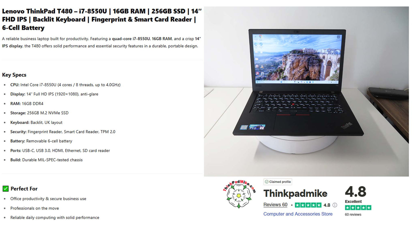 Lenovo ThinkPad T480 i7 8550U 16GB RAM 256GB SSD IPS SCREEN B\L KB (1173)