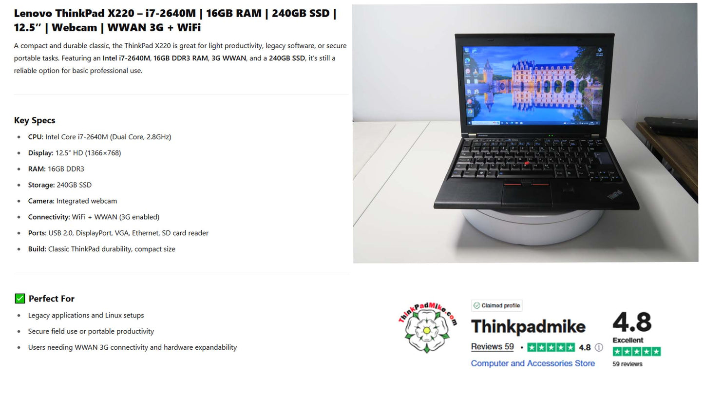 Lenovo ThinkPad x220 i7 2640M 2.8Ghz 16GB RAM 240GB SSD WIN10 (1135)