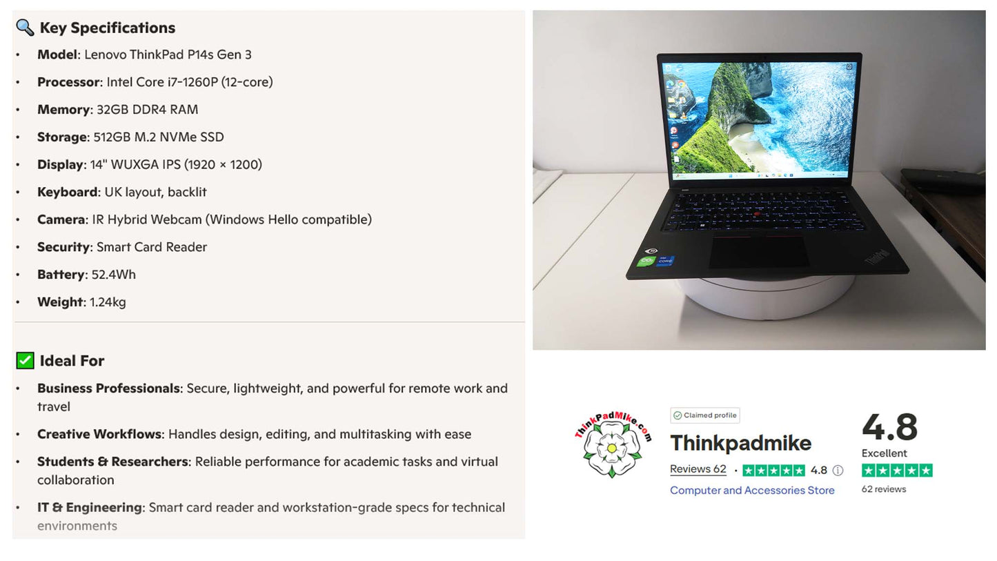 Lenovo ThinkPad P14s i7 1260P **12 Core** 32GB RAM 512GB SSD IPS NVIDIA T550 WIN11 (1192)