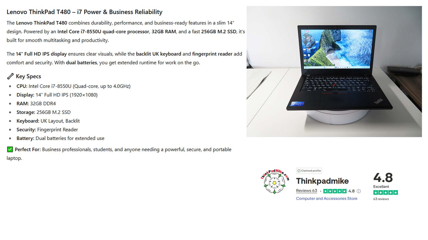 Lenovo ThinkPad T480 i7 8550U 32GB RAM 256GB SSD IPS SCREEN B\L KB (1194)