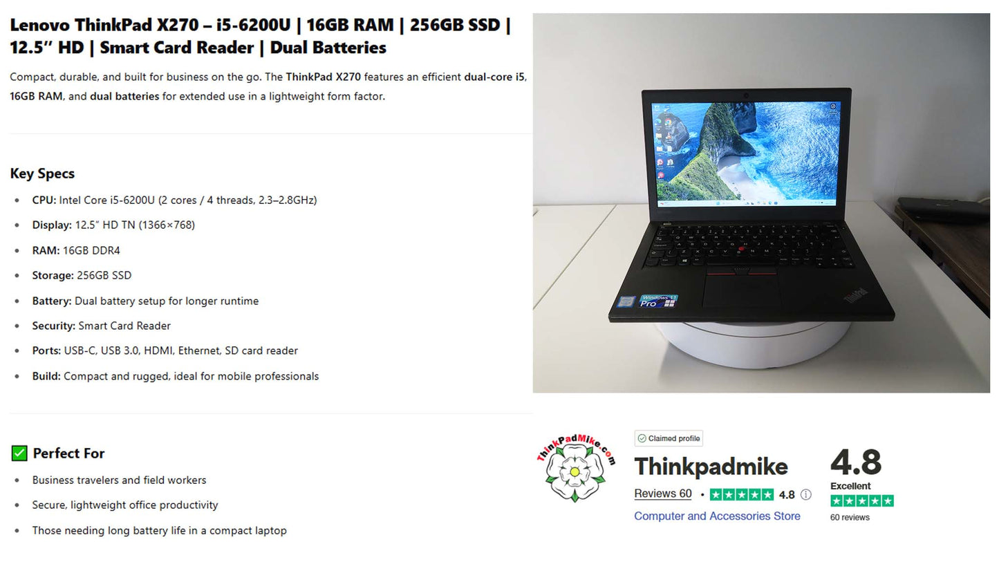 Lenovo ThinkPad x270 i5 6200U 2.3Ghz 16GB RAM 256GB SSD (1068)