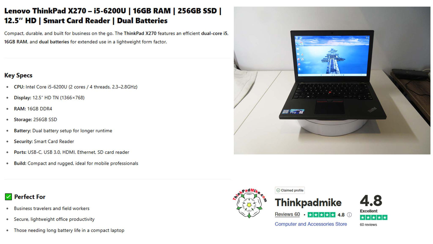 Lenovo ThinkPad x270 i5 6200U 2.3Ghz 16GB RAM 256GB SSD (1067)