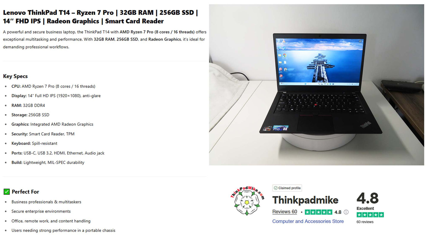 Lenovo ThinkPad T14 AMD Ryzen 7 Pro 8 CORE 32GB RAM 256GB SSD IPS FHD SCREEN (1176)
