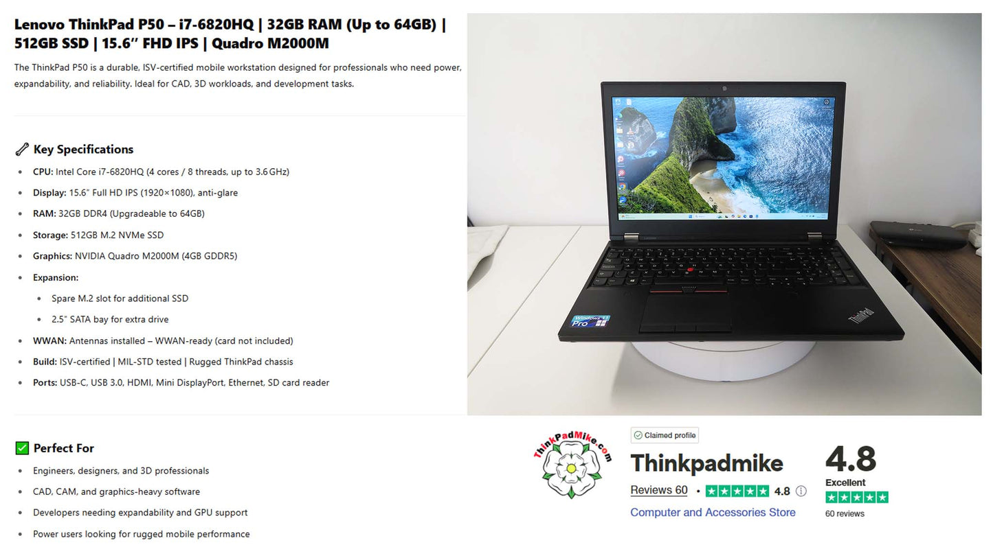 Lenovo ThinkPad P50 i7 6820HQ 32GB RAM 512GB SSD IPS NVIDIA M2000M (1178)
