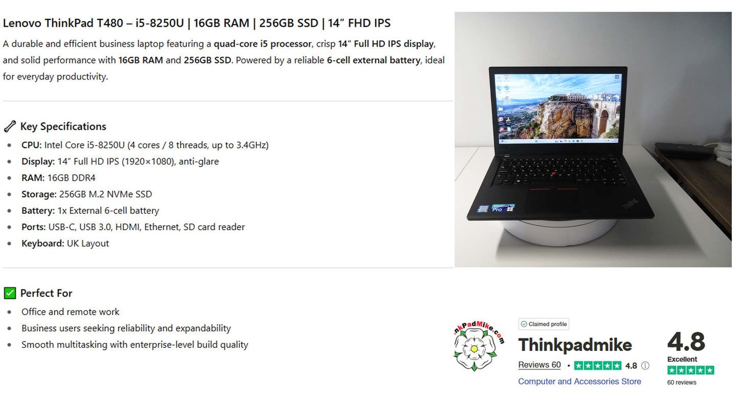 Lenovo ThinkPad T480 i5 8250U 16GB RAM 256GB SSD IPS SCREEN WIN11 (1183)