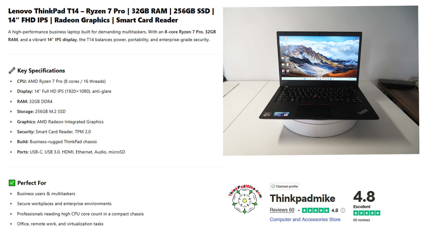 Lenovo ThinkPad T14 AMD Ryzen 7 Pro 8 CORE 32GB RAM 256GB SSD IPS FHD SCREEN (1175)