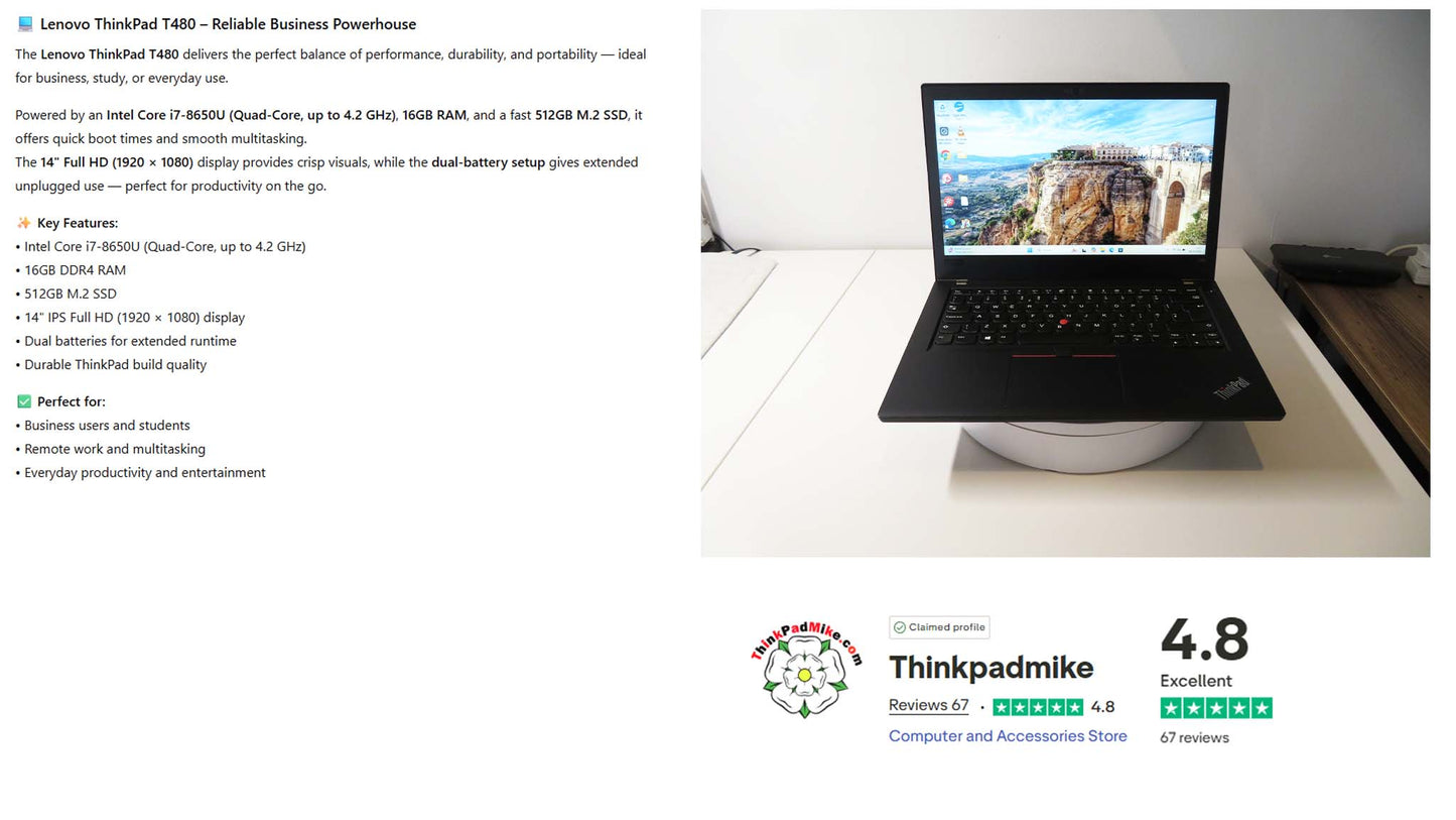 Lenovo ThinkPad T480 i7 8650U 16GB RAM 512GB SSD FHD SCREEN (1218)