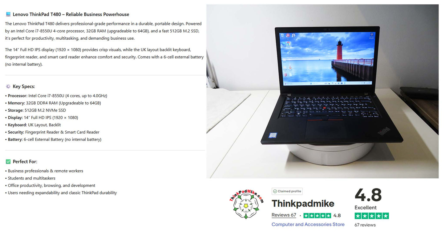 Lenovo ThinkPad T480 i7 8550U 32GB RAM 512GB SSD IPS SCREEN (1219)