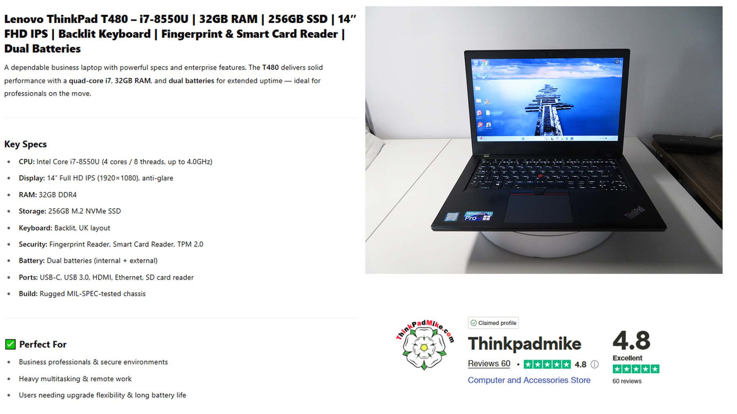 Lenovo ThinkPad T480 i7 8550U 32GB RAM 256GB SSD IPS SCREEN B\L KB (1179)