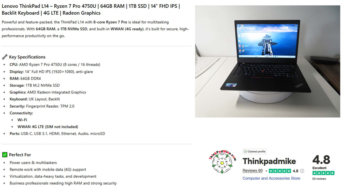 Lenovo ThinkPad L14 AMD Ryzen 7 Pro 8 CORE 64GB RAM 1TB SSD IPS FHD SCREEN (1182)