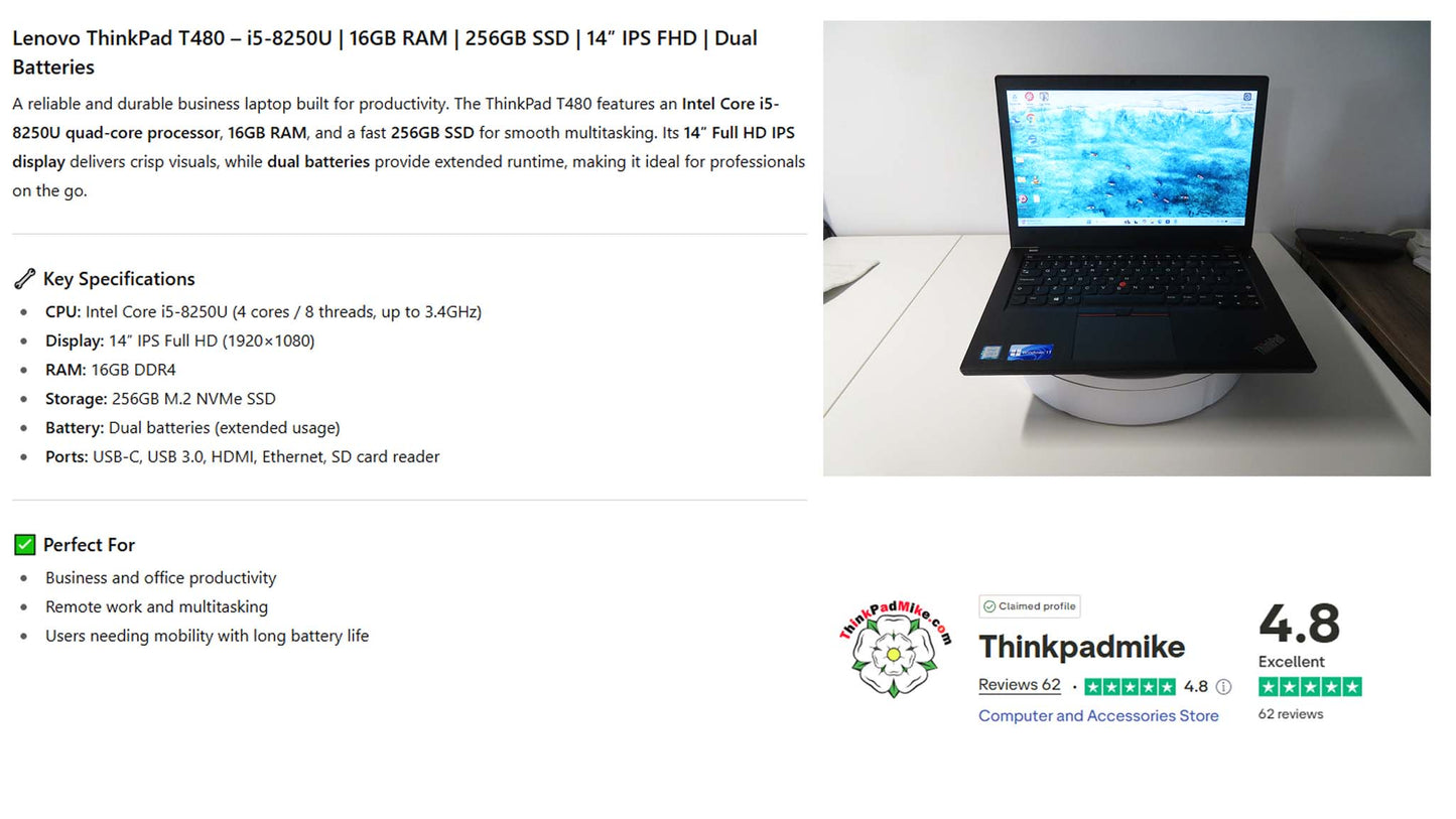 Lenovo ThinkPad T480 i5 8250U 16GB RAM 256GB SSD IPS SCREEN WIN11 (1191)