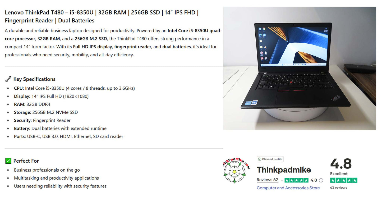 Lenovo ThinkPad T480 i5 8350U 32GB RAM 256GB SSD IPS SCREEN WIN11 (1190)