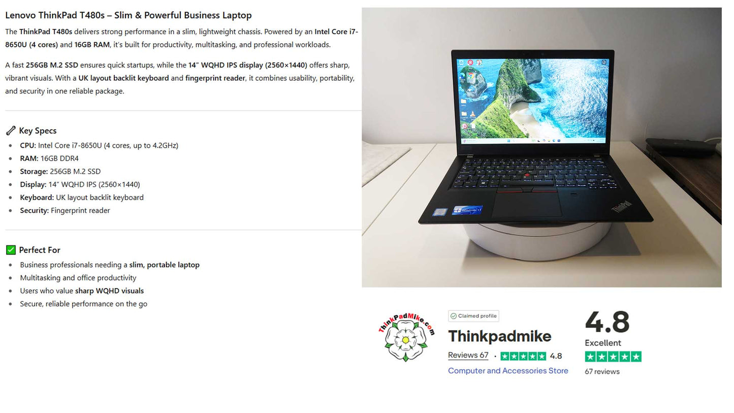 Lenovo ThinkPad T480s i7 8650U 16GB RAM 256GB SSD IPS WQHD SCREEN B\L KB (1204)