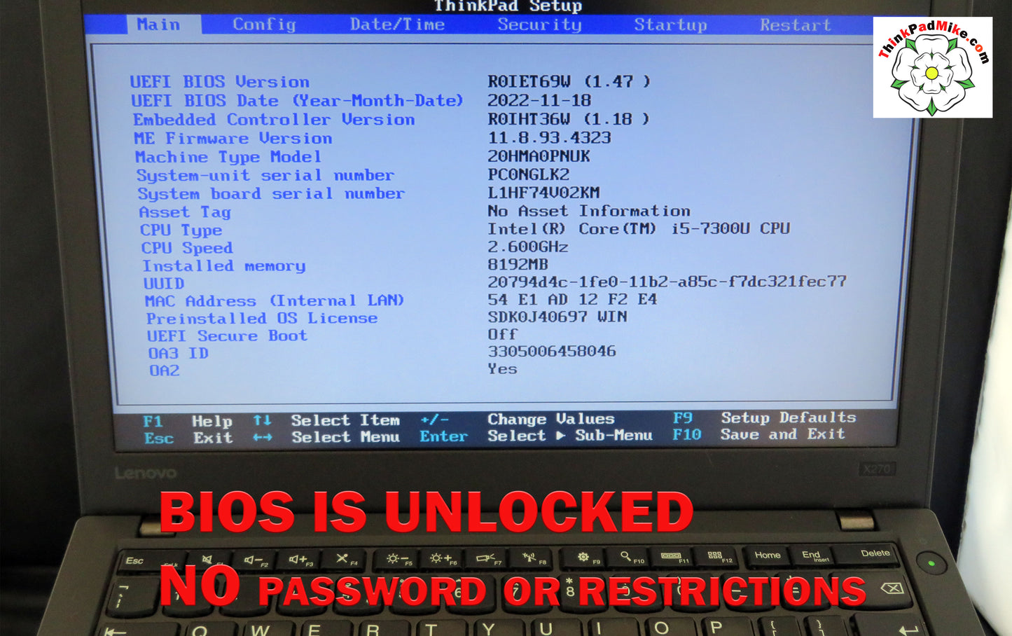 Lenovo ThinkPad x270 i5 7300U 2.6Ghz 8GB RAM 256GB SSD 2 BATTERIES WIN10 (737)