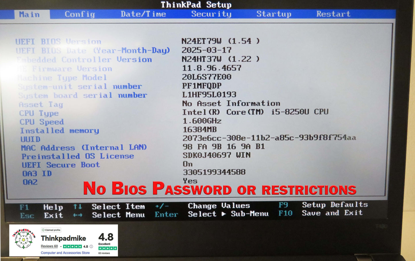 Lenovo ThinkPad T480 i5 8250U 16GB RAM 256GB SSD IPS SCREEN WIN11 (1183)