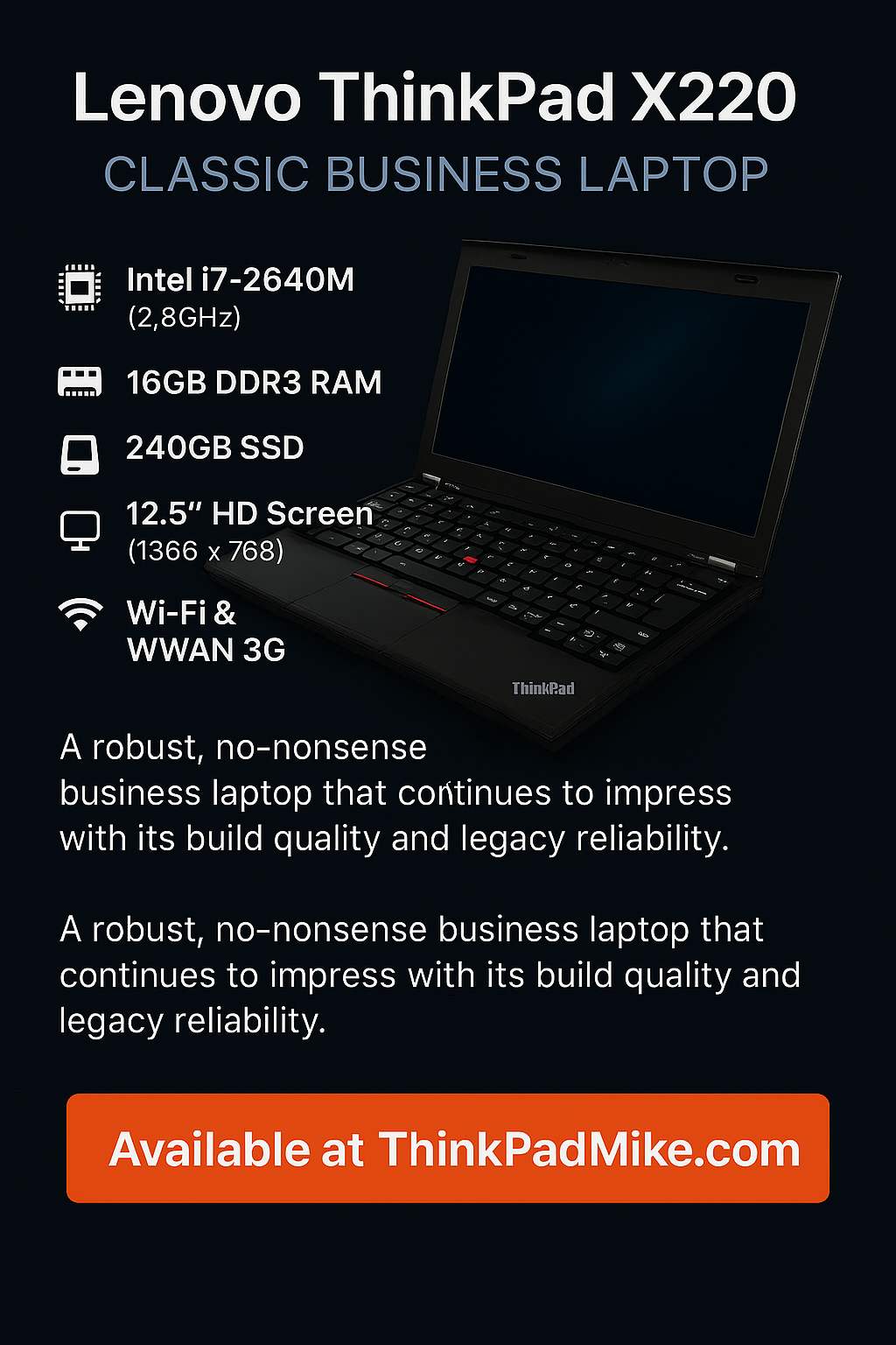 Lenovo ThinkPad x220 i7 2640M 2.8Ghz 16GB RAM 240GB SSD WIN10 (1135)