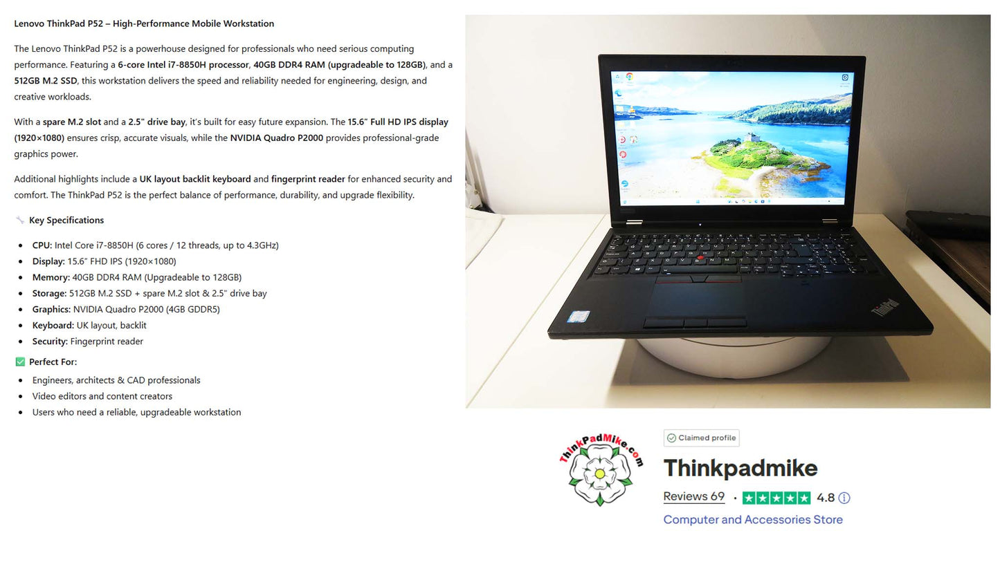 Lenovo ThinkPad P52 i7 *6 CORE* 8850H 2.6Ghz 40GB RAM 512GB IPS B\L KB NVIDIA P2000 (1238)