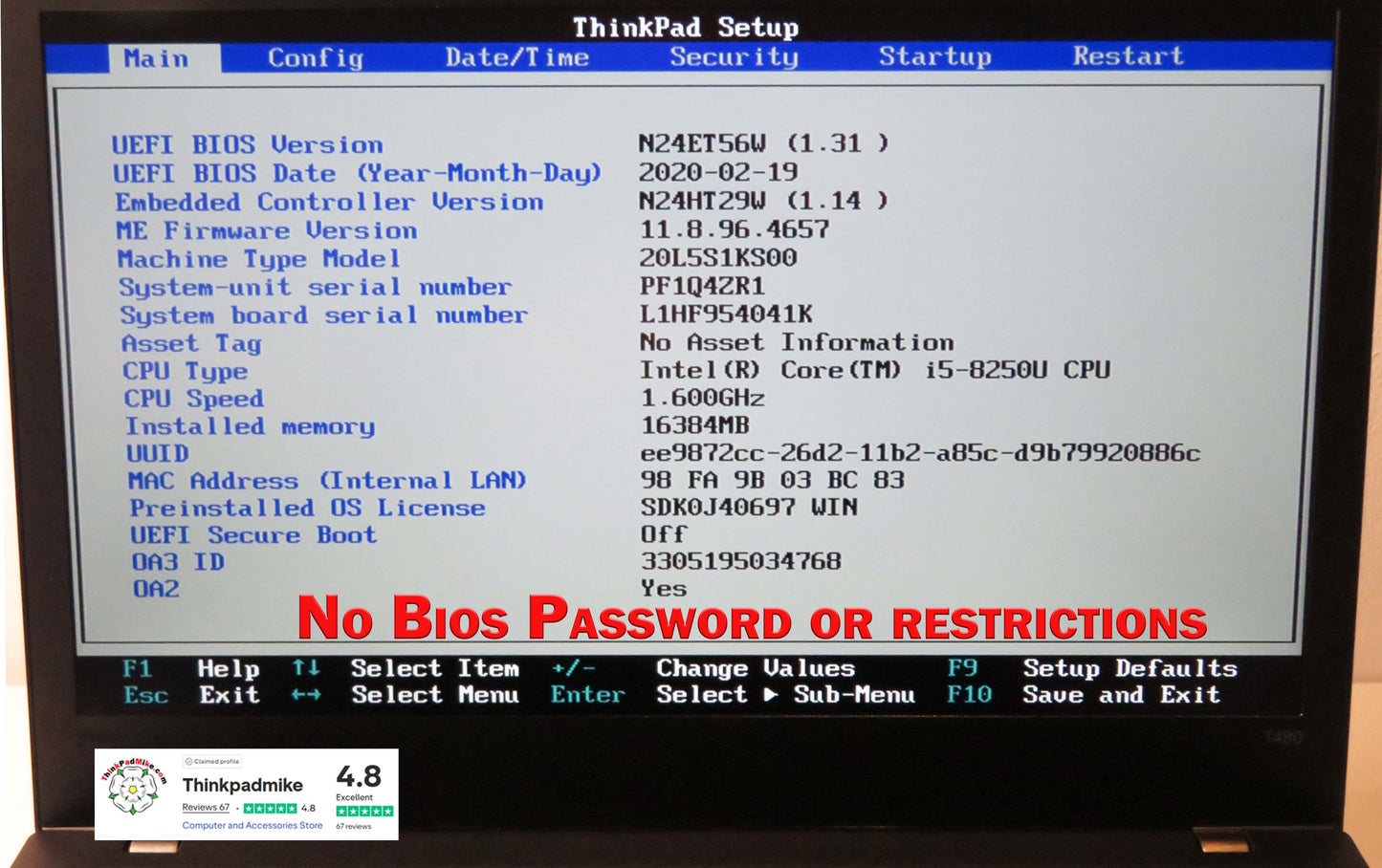 Lenovo ThinkPad T480 i5 8250U 16GB RAM 256GB SSD IPS TOUCH SCREEN (1215)