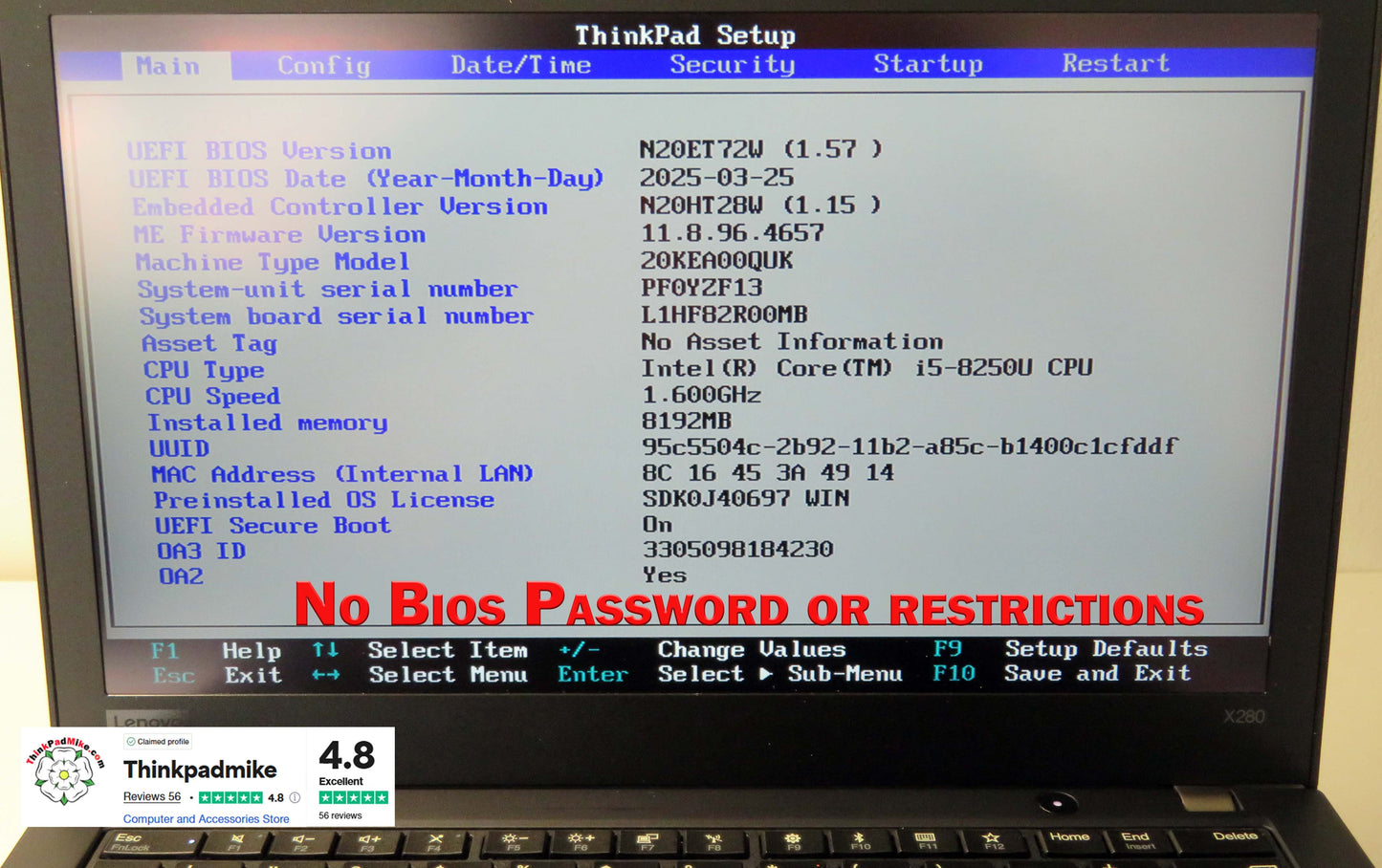 Lenovo ThinkPad x280 i5 8250U 1.6Ghz 8GB RAM 256GB SSD IPS Touch Screen (727)