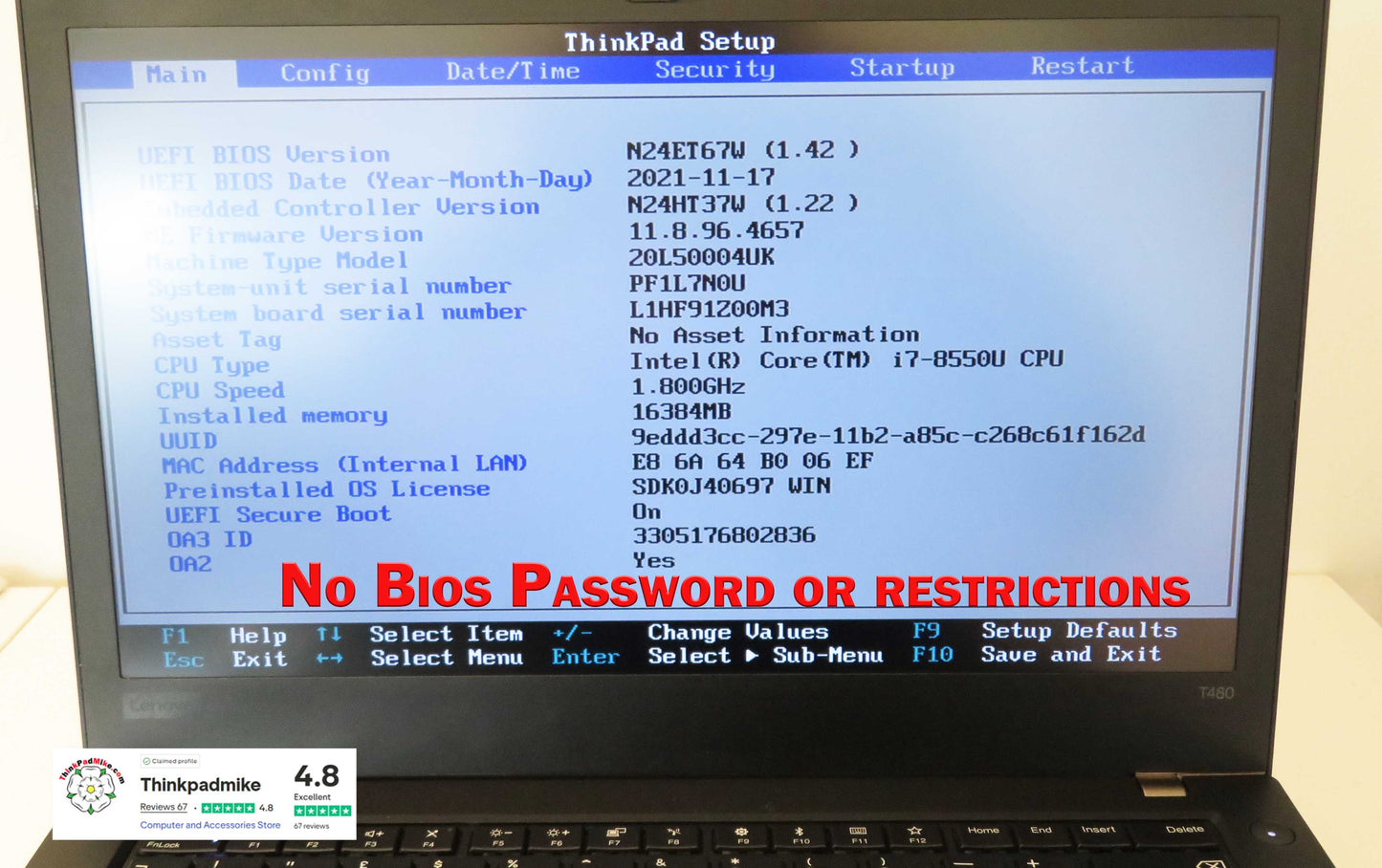 Lenovo ThinkPad T480 i7 8550U 16GB RAM 256GB SSD IPS SCREEN B\L KB (1209)