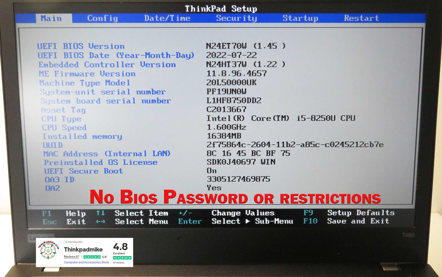 Lenovo ThinkPad T480 i5 8250U 16GB RAM 256GB SSD IPS SCREEN B\L KB (1207)