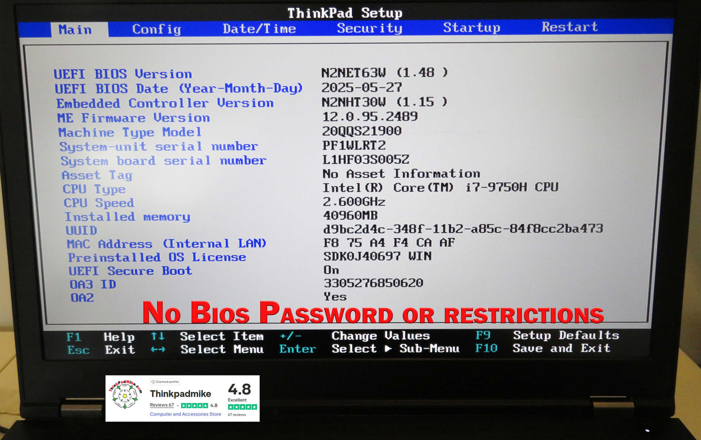 Lenovo ThinkPad P53 i7 *HEX CORE* 9750H 2.6Ghz 40GB RAM 256GB + 512GB IPS B\L KB NVIDIA T2000 (1208)