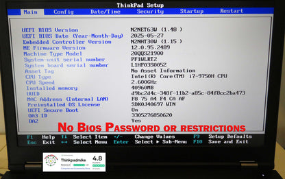 Lenovo ThinkPad P53 i7 *HEX CORE* 9750H 2.6Ghz 40GB RAM 256GB + 512GB IPS B\L KB NVIDIA T2000 (1208)