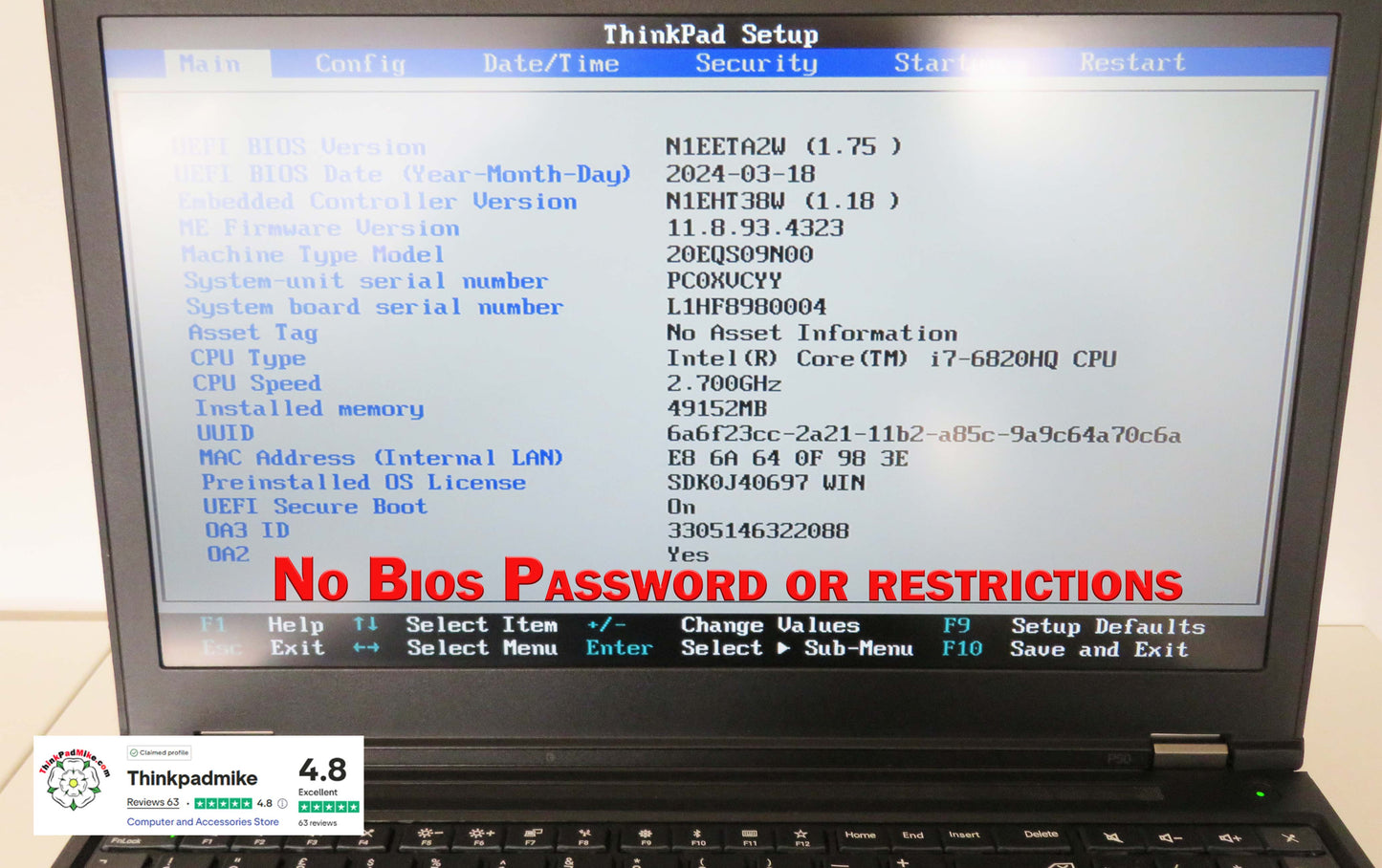Lenovo ThinkPad P50 i7 6820HQ 48GB RAM 256GB SSD IPS NVIDIA M1000M (1105)