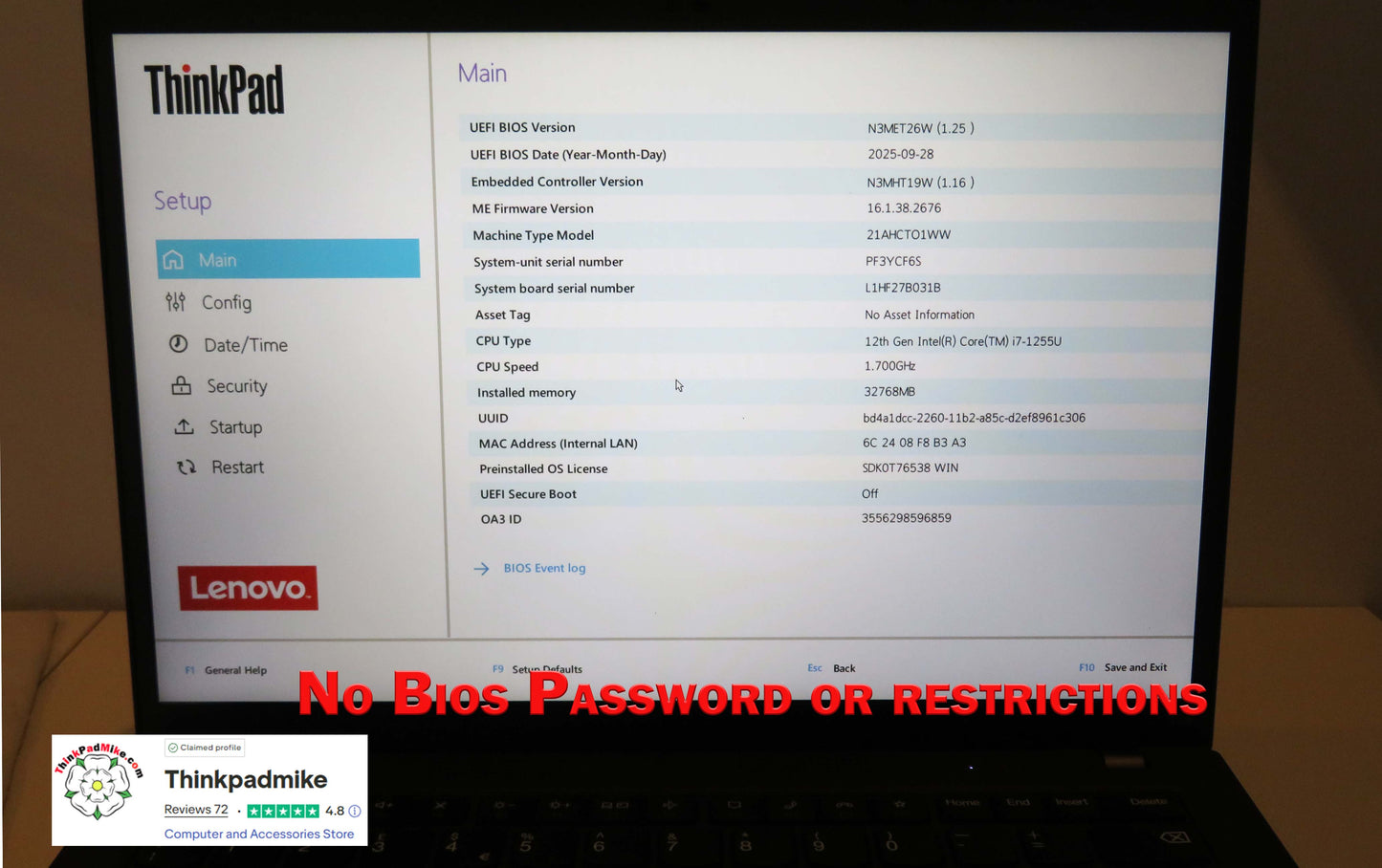 Lenovo ThinkPad setup screen with BIOS information displayed